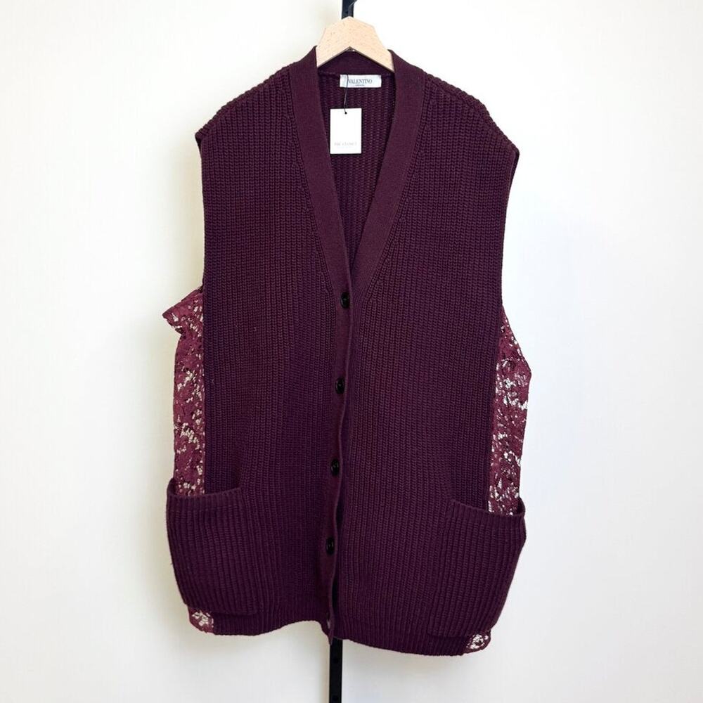 VALENTINO Garavani Ribbed Knit Sleeveless Burgundy Cardigan XL Button Lace Vest
